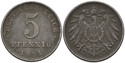 Германия 5 пфеннигов 1921 A KM 19, J. 297 железо 4151-634