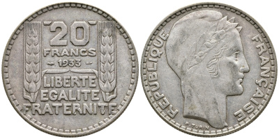 Франция 20 франков 1933 Пьер Тюрен KM 879, Le Franc 400.3 серебро 4386-422