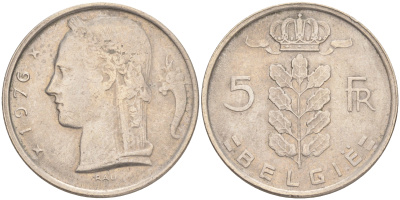 БЕЛЬГИЯ 5 ФРАНКОВ 1976 BELGIE KM 135.1 медно-никель 4556-553