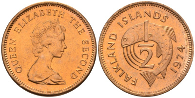 Фолклендские острова 1/2 пенни 1974 Елизавета II (1952-2022), лосось KM 1 бронза 4154-117