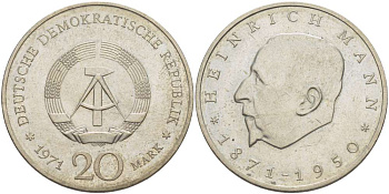 ГДР 20 марок 1971 А, 100 лет со дня рождения Генриха Манна (1871-1950) KM 33, J. 1531 медно-никель 4521-621