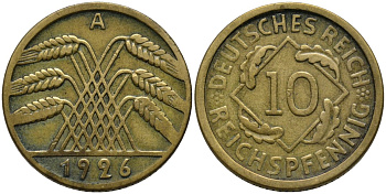 Германия 10 рейхспфеннигов 1926 A KM 40 алюминиевая бронза 4171-343