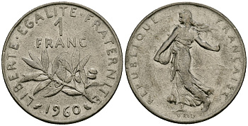 Франция 1 франк 1960 сеятель KM 925 никель 4135-756