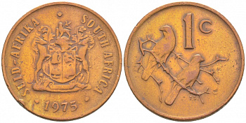 ЮАР 1 ЦЕНТ 1975 ГЕРБ, КАПСКИЕ ВОРОБЬИ KM 82 бронза 3309-321