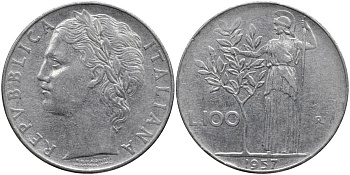 Италия 100 лир 1957 R, Афина в доспехах KM 96.1 нержавеющая сталь 4165-141