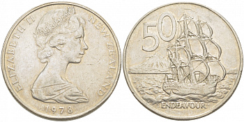 Новая Зеландия 50 центов 1978 Елизавета II (1952-2022), парусник Индевор KM 37.1 медно-никель 215-425