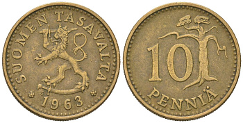 Финляндия 10 пенни 1963 S KM 46 алюминиевая бронза 218-1064