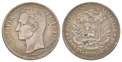 Венесуэла 5 боливаров 1935 Симон Боливар KM 24.2 серебро 3896-122