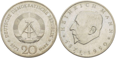 ГДР 20 марок 1971 А, 100 лет со дня рождения Генриха Манна (1871-1950) KM 33, J. 1531 медно-никель 4521-621