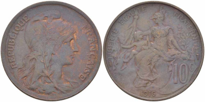 ФРАНЦИЯ 10 САНТИМОВ 1916 ТИП ДАНИЭЛЬ ДЮПЮИ KM 843, LA FRANC 136.27 бронза 109-423