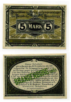 Германия 5 марок 1917 инспекция лагерей военнопленных в Бранденбурге, III-ий Армейский корпус C-2774 бумага UNC (пресс) 504-71-2-2