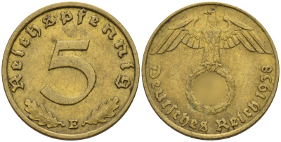 Германия 5 рейхспфеннигов 1938 E KM 91, J. 363 алюминиевая бронза 4151-853