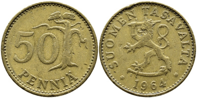 ФИНЛЯНДИЯ 50 ПЕННИ 1964 S KM 48 алюминиевая бронза 4364-2644