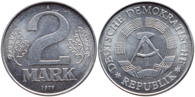 ГДР 2 МАРКИ 1977 А KM 48 алюминий UNC 59-534