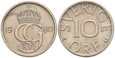 Швеция 10 эре 1980 Карл XVI Густав (1973- ) KM 850 медно-никель UNC 4608-415