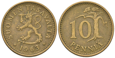 Финляндия 10 пенни 1963 S KM 46 алюминиевая бронза 218-1064