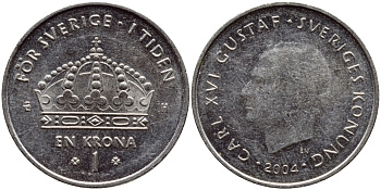 Швеция 1 крона 2004 Карл XVI Густав (1973- ) KM 894 медно-никель 177-632