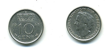 Нидерланды 10 центов 1948 Вильгельмина (1895-1948) KM 177 никель 54-1133