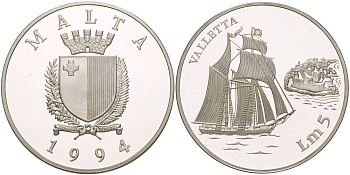 МАЛЬТА 5 ЛИР 1994 ПАРУСНИК "VALLETTA" И КРЕПОСТЬ, ПРОБА 925, ВЕС 31,47 ГР., ТИРАЖ 20000 ЭКЗ., ЦЕНА ПО КРАУЗЕ 150$ KM 108 серебро PROOF 1081-6-43