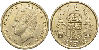Испания 100 песет 1988 Хуан Карлос I (1975-2014) KM 826 алюминиевая бронза 117-216