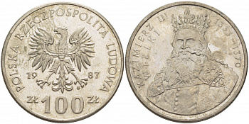 Польша 100 злотых 1987 MW, серия Польские короли, король Казимир III Великий (1333-1370) KM 167 медно-никель 4517-846