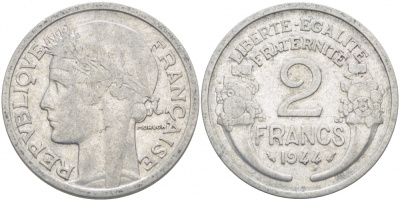 ФРАНЦИЯ 2 ФРАНКА 1944 KM 886а.1 алюминий 4402-943