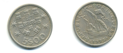 ПОРТУГАЛИЯ 5 ЭСКУДО 1975 ПАРУСНИК KM 591 медно-никель 176-231