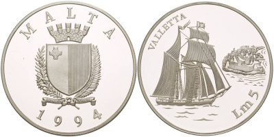 МАЛЬТА 5 ЛИР 1994 ПАРУСНИК "VALLETTA" И КРЕПОСТЬ, ПРОБА 925, ВЕС 31,47 ГР., ТИРАЖ 20000 ЭКЗ., ЦЕНА ПО КРАУЗЕ 150$ KM 108 серебро PROOF 1081-6-43