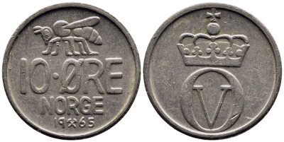 НОРВЕГИЯ 10 ЭРЕ 1965 ПЧЕЛА KM 411 медно-никель 4387-821