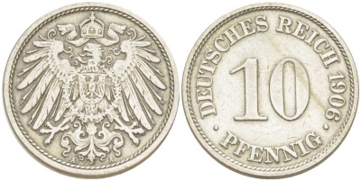 ГЕРМАНИЯ 10 ПФЕННИГОВ 1906 A KM 12, J. 13, Weege 8 медно-никель 212-831