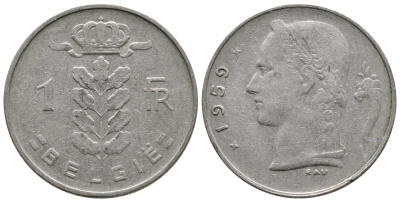 БЕЛЬГИЯ 1 ФРАНК 1959 BELGIE KM 143.1 медно-никель 4382-1227