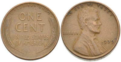 США 1 ЦЕНТ 1939 ЛИНКОЛЬН KM 132 бронза 218-358