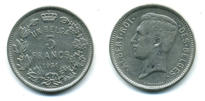 БЕЛЬГИЯ 5 ФРАНКОВ 1931 BELGES KM 97.1 никель 86-912