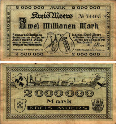 МЁРС 2000000 МАРОК 1923 НОТГЕЛЬД, 15 АВГУСТА 1923, ЗЕМЛЯ СЕВЕРНЫЙ РЕЙН-ВЕСТФАЛИЯ Keller 3593l бумага 6318-38-1-2