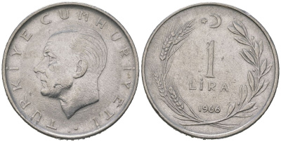 Турция 1 лира 1966 Мустафа Кемаль Ататюрк KM 889a.1 нержавеющая сталь 4620-457