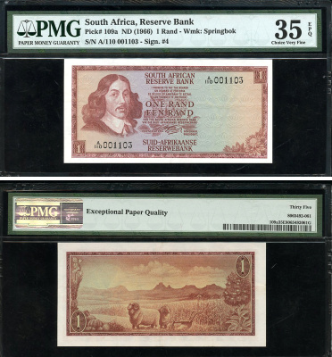 ЮАР 1 ранд ND (1966) Бартоломеус Вермуйден, овцы, английский-африкаанс, в слабе PMG 35 Choice Very Fine Pick 109 a бумага    452-1-15