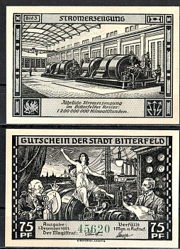 Биттерфельд (Пруссия, Саксония) 75 пфеннигов 1921 Mehl Grabowski 111.4-3/6 бумага UNC (пресс) 7556-50-4-1