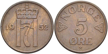 НОРВЕГИЯ 5 ЭРЕ 1952 ХАКОН VII (1905-1957) KM 400 бронза 215-125