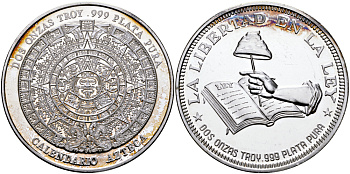 Мексика 2 унции ND АЦТЕКСКИЙ КАЛЕНДАРЬ, LIBERTAD, диаметр 48 ММ., ВЕС 2 ТРОЙСКИЕ УНЦИИ серебро PROOF 00-00