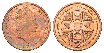 Остров Мэн 2 пенса 1991 Елизавета II (1952-2022) KM 208 бронза UNC 4648-213