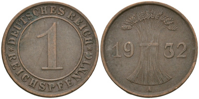 Германия 1 рейхспфенниг 1932 A KM 37, J. 313 бронза 4189-1142