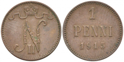 РОССИЯ ДЛЯ ФИНЛЯНДИИ 1 ПЕННИ 1915 НИКОЛАЙ II KM 13, Биткин 475 медь 4396-1438