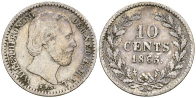 Нидерланды 5 центов 1863 Король Виллем III (1849 - 1890) KM 91 серебро 4169-451