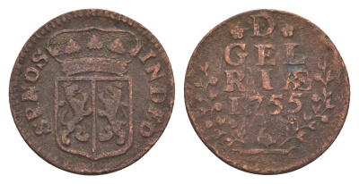 Нидерланды, Голландская Республика, Гелдерланд 1 дуит 1755 KM 88 медь 4655-538