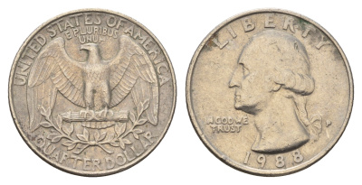 США 25 центов (квотер) 1988 P, Джордж Вашингтон KM А164а медь плакированная медно-никелем 4681-321