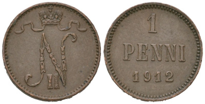 Россия для Финляндии 1 пенни 1912 Николай II (1894-1917) Биткин 472 медь 4615-342