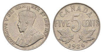 Канада 5 центов 1926 Георг V (1910-1936), редкий год - 938.162 экземпляров KM 29 никель 4655-443