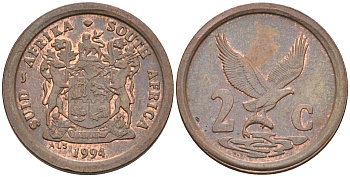ЮАР 2 цента 1994 орел с рыбой KM 133 сталь плакированная медью 4594-135