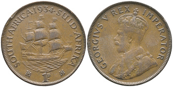 ЮАР 1 ПЕННИ 1934 ПАРУСНИК, ГЕОРГ V KM 14.3 бронза 4380-612