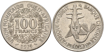 Валютное сообщество стран Западной Африки 100 франков 1974 KM 4 никель 4150-1034